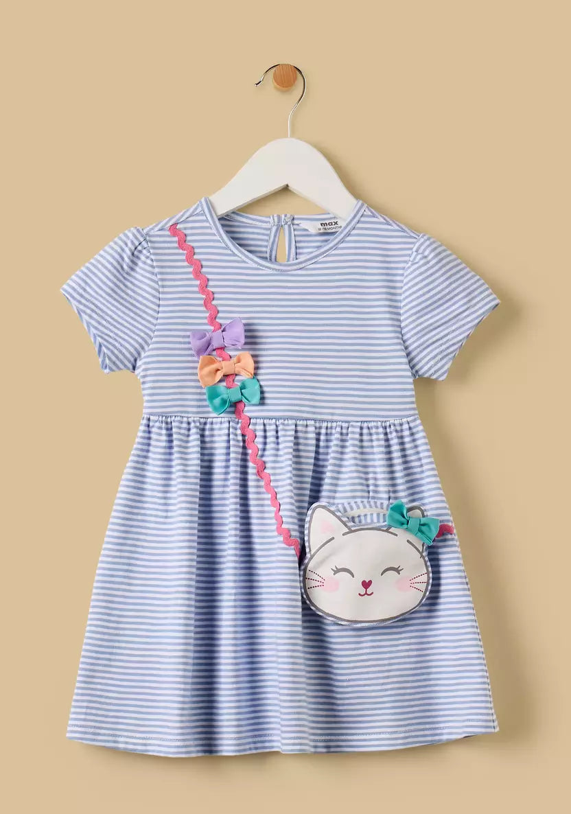 Cotton Striped A-line Dress with Pouch Applique
