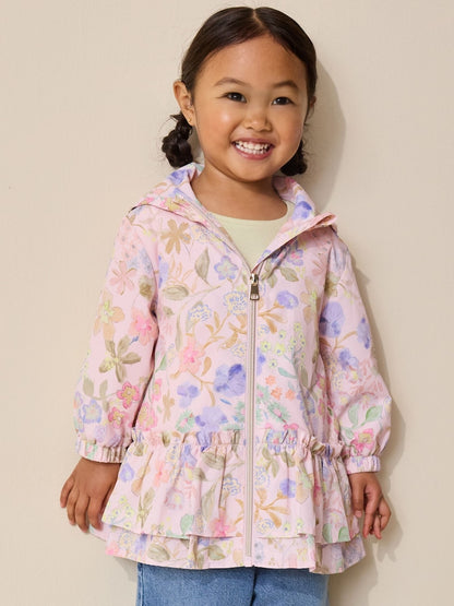 Pink Floral Printed Shower Resistant Frill Hem Raincoat