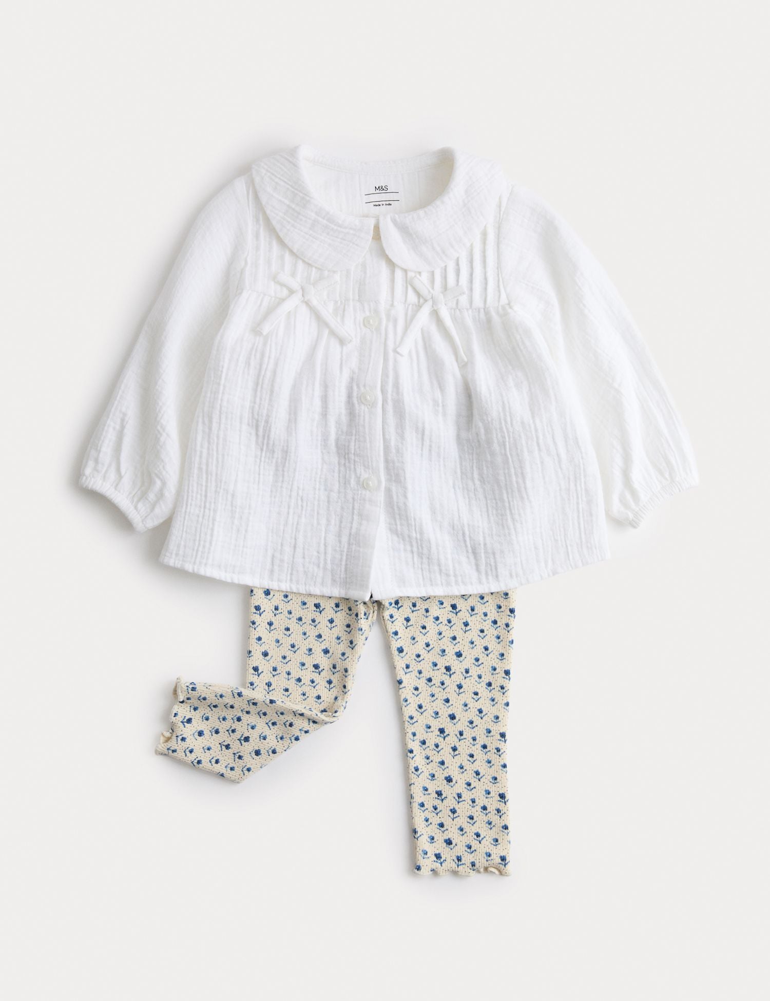 2pc Cotton Bow Blouse with Leggings (0-3 Yrs) - WHITE MIX / 6-9 Months