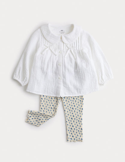 2pc Cotton Bow Blouse with Leggings (0-3 Yrs) - WHITE MIX / 6-9 Months