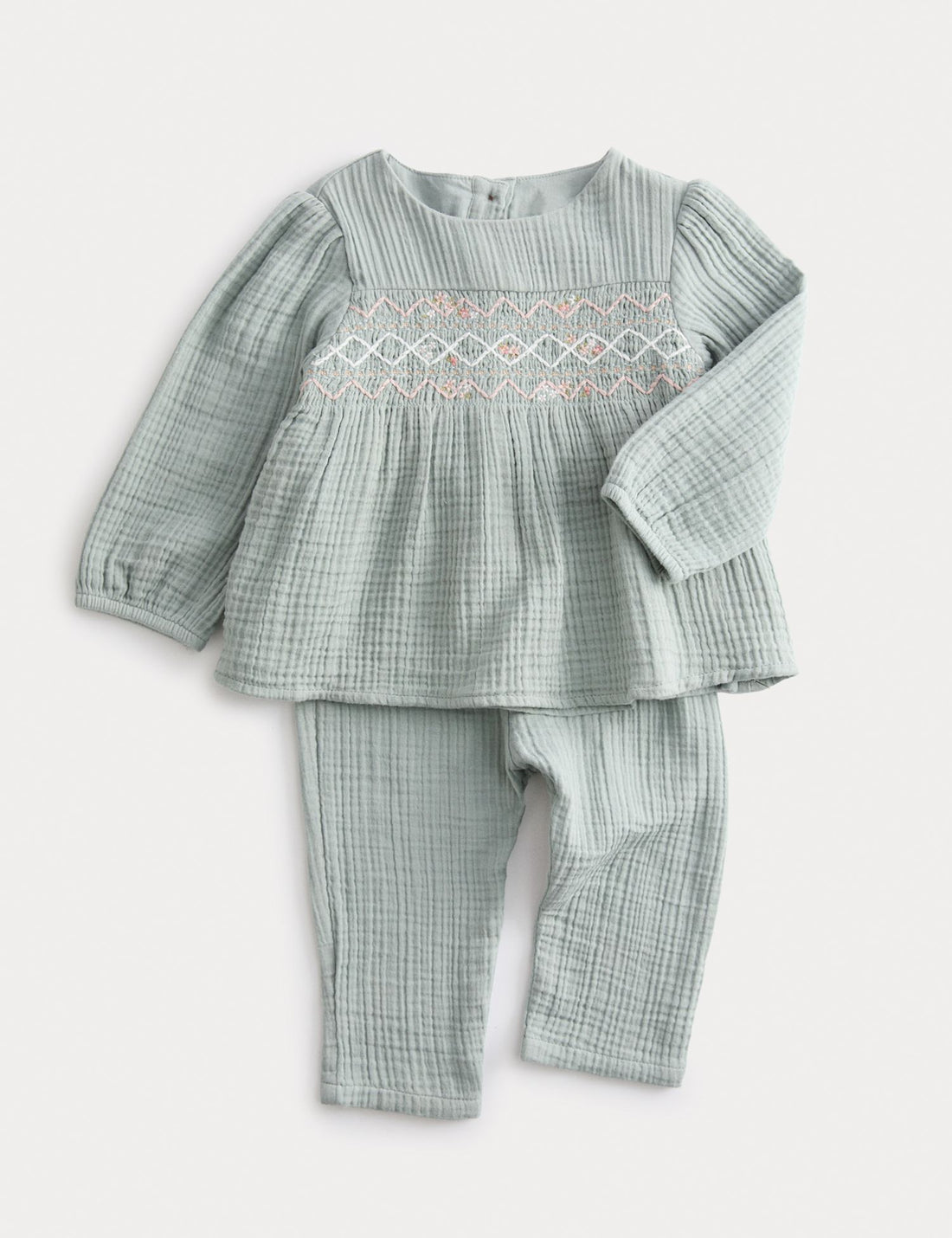 2pc Pure Cotton Smocked Outfit (0-24 Mths) - LIGHT VERDIGRIS / 0-3 Months