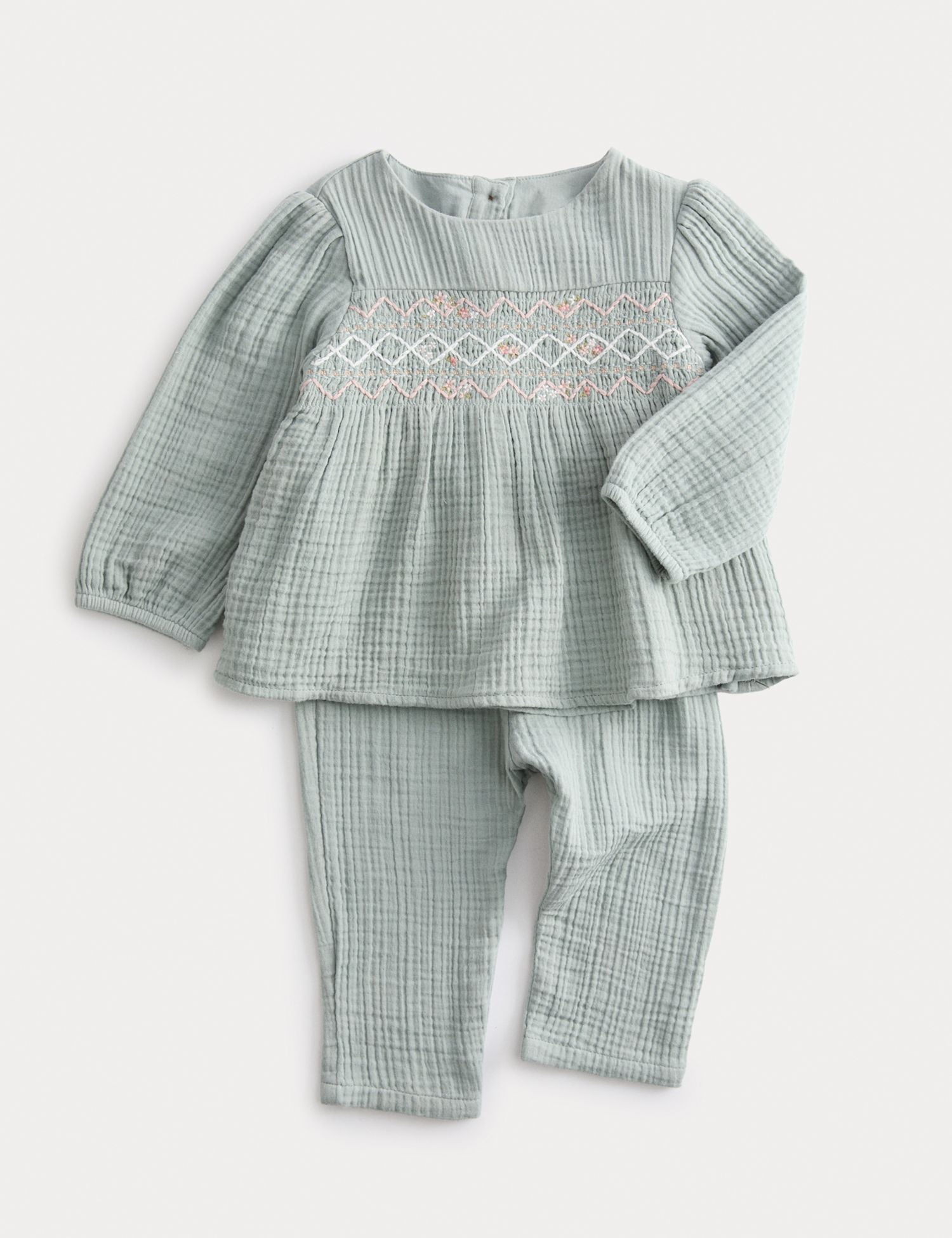 2pc Pure Cotton Smocked Outfit (0-24 Mths) - LIGHT VERDIGRIS / 0-3 Months