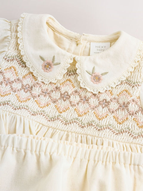 Cream Baby Embroidered Long Sleeve Dress and Knickers Set 2 Piece (0mths-2yrs)