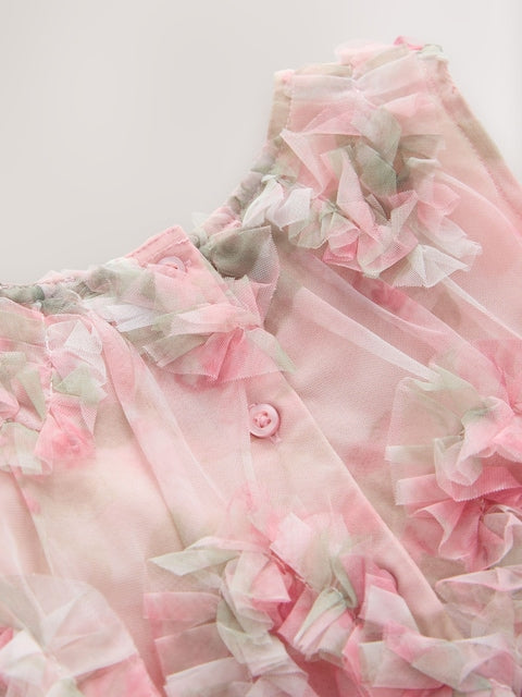 Pink Floral Sleeveless Mesh Dress (3mths-7yrs)