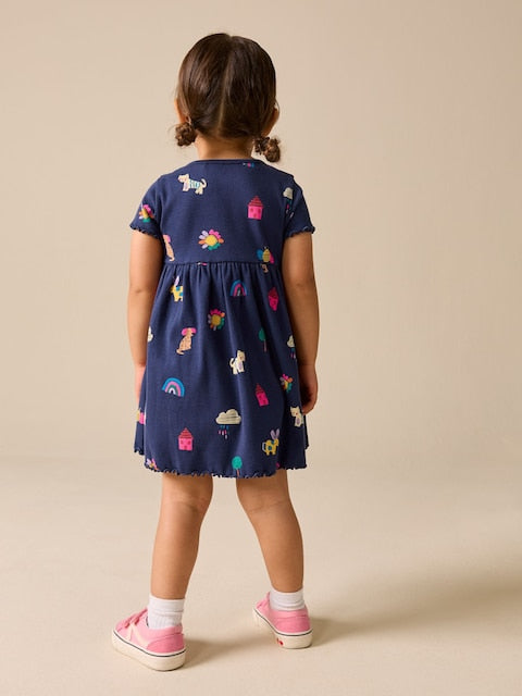 Navy Pets Short Sleeve Ribbed Dress (3mths-7yrs)