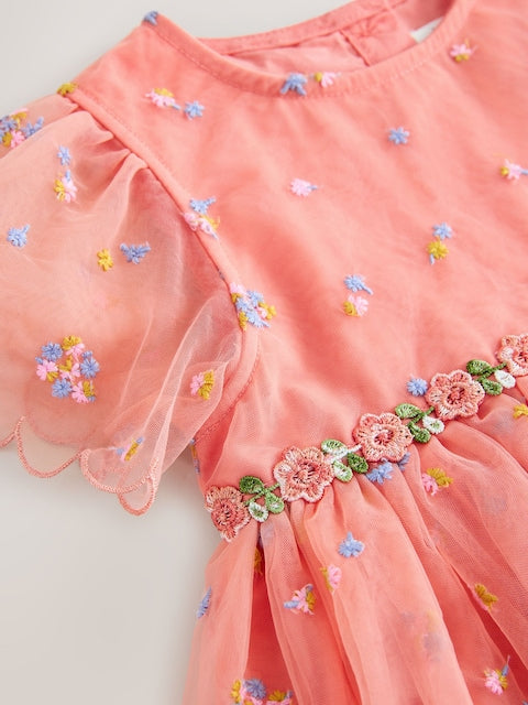 Peach Pink Embroidered Mesh Dress (3mths-8yrs)