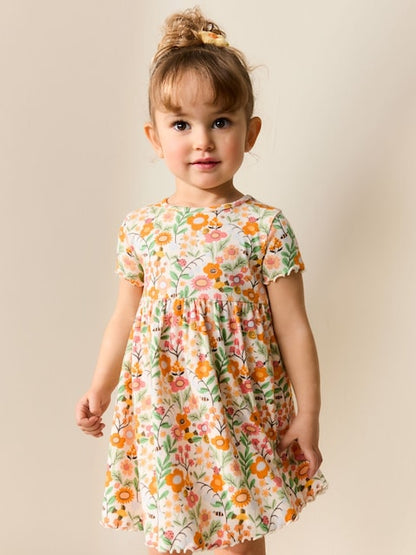 Orange Floral Short Sleeve Ribbed Dress (3mths-7yrs)