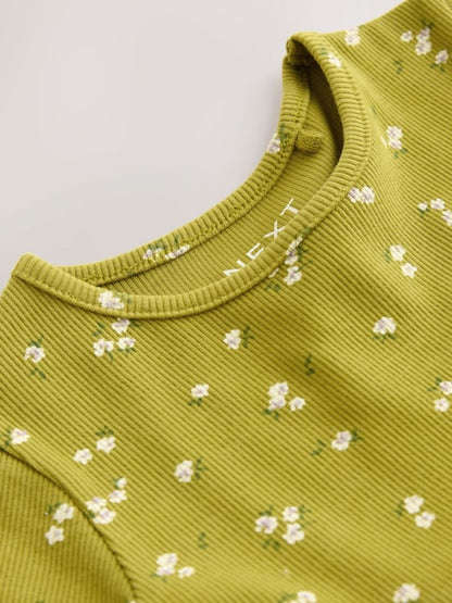 Olive Green Short Sleeve Ribbed Dress (3mths-7yrs)