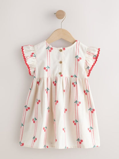 Red/Ecru Cherry Ric Rac Frill Sleeve Dress (3mths-8yrs)