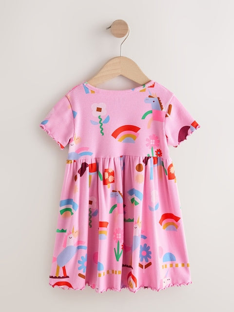 Pink Unicorn Short Sleeve Ribbed Dress (3mths-7yrs)