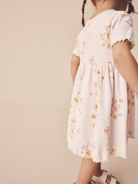 Cream Floral Short Sleeve Ribbed Dress (3mths-7yrs)