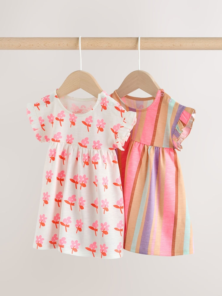White Floral/ Pink Stripe Baby Short Sleeve Dresse 2 Pack (0mths-3yrs)