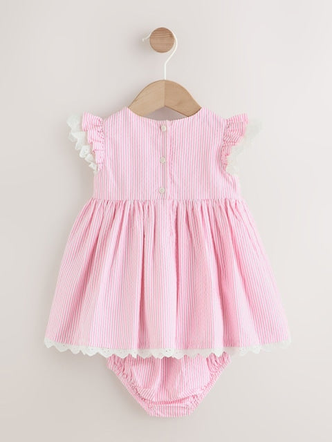 Pink Stripe Woven Baby Dress and Knickers Set 2 Piece (0mths-2yrs)