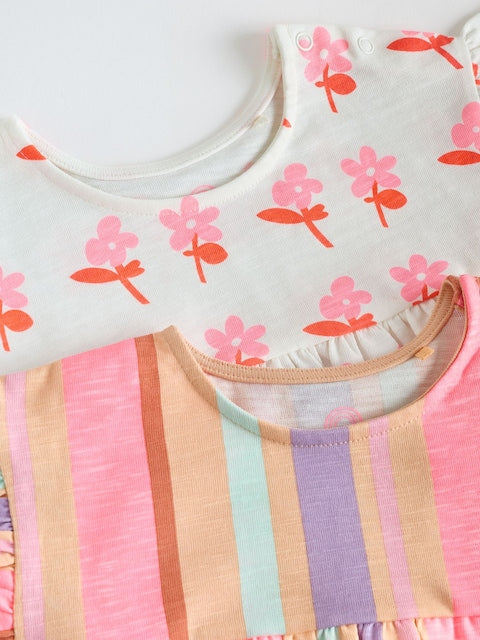 White Floral/ Pink Stripe Baby Short Sleeve Dresse 2 Pack (0mths-3yrs)