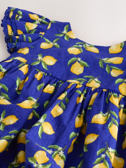 Blue Lemon Print Angel Sleeve Dress (3mths-8yrs)