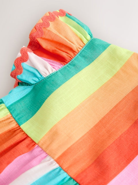 Rainbow Stripe Ric Rac Frill Sleeve Dress (3mths-8yrs)