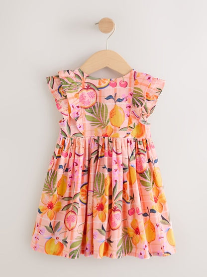 Peach Pink Tropical Double Ruffle Sleeve Dress (3mths-8yrs)