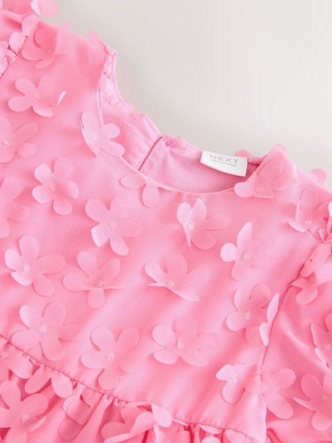 Bright Pink Short Sleeve 3D Flowers Dress (3mths-8yrs)