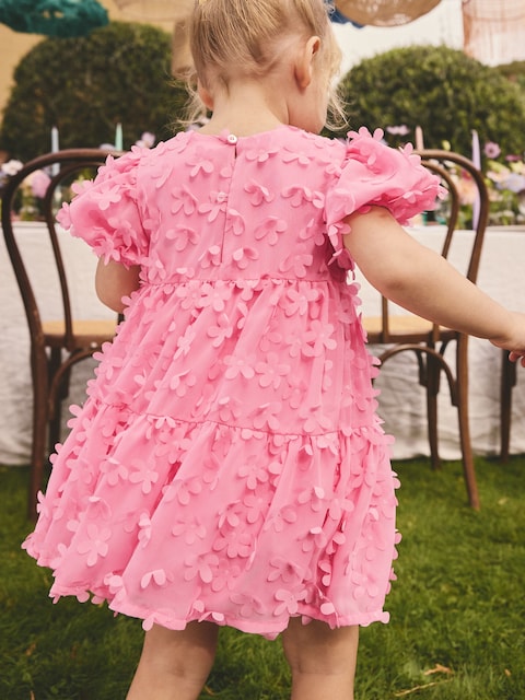 Bright Pink Short Sleeve 3D Flowers Dress (3mths-8yrs)