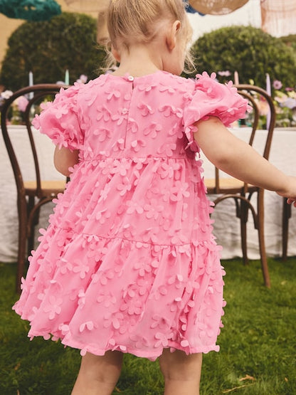 Bright Pink Short Sleeve 3D Flowers Dress (3mths-8yrs)