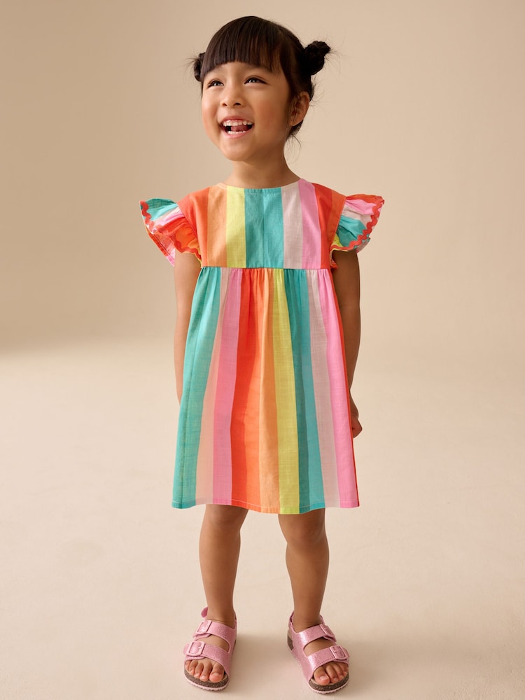 Rainbow Stripe Ric Rac Frill Sleeve Dress (3mths-8yrs)