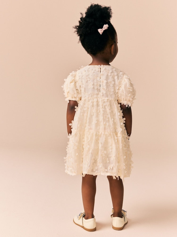 Ecru White Short Sleeve 3D Flowers Dress (3mths-8yrs)