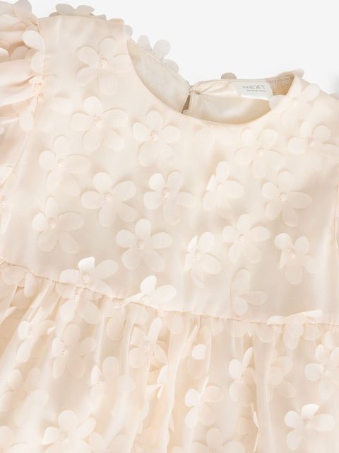 Ecru White Short Sleeve 3D Flowers Dress (3mths-8yrs)