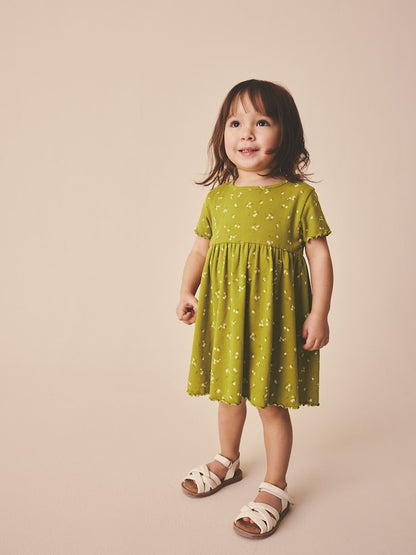 Olive Green Short Sleeve Ribbed Dress (3mths-7yrs)