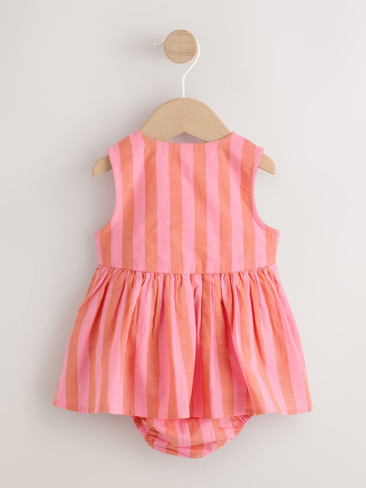 Pink Stripe Woven Baby Dress With Intergrated Bodysuit (0mths-2yrs)