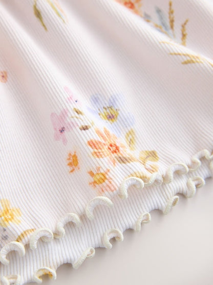 Cream Floral Short Sleeve Ribbed Dress (3mths-7yrs)