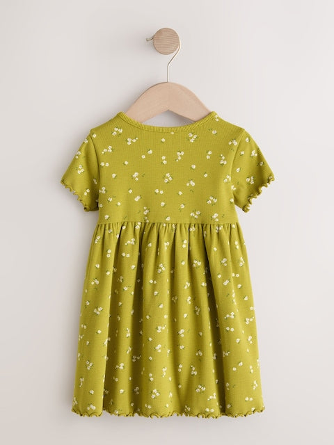 Olive Green Short Sleeve Ribbed Dress (3mths-7yrs)
