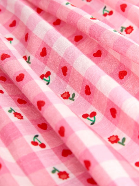 Pink Gingham Cherry Double Ruffle Sleeve Dress (3mths-8yrs)