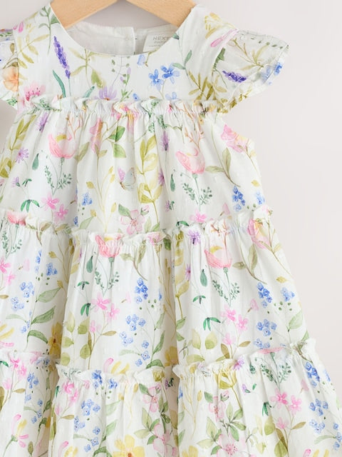 White Floral Baby Tiered Woven Dress and Knickers Set 2 Piece (0mths-2yrs)