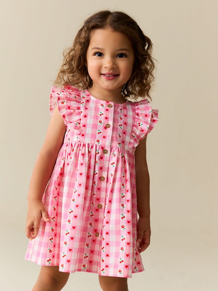Pink Gingham Cherry Double Ruffle Sleeve Dress (3mths-8yrs)