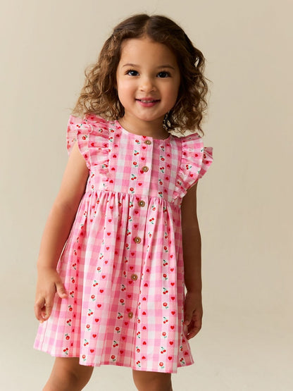 Pink Gingham Cherry Double Ruffle Sleeve Dress (3mths-8yrs)