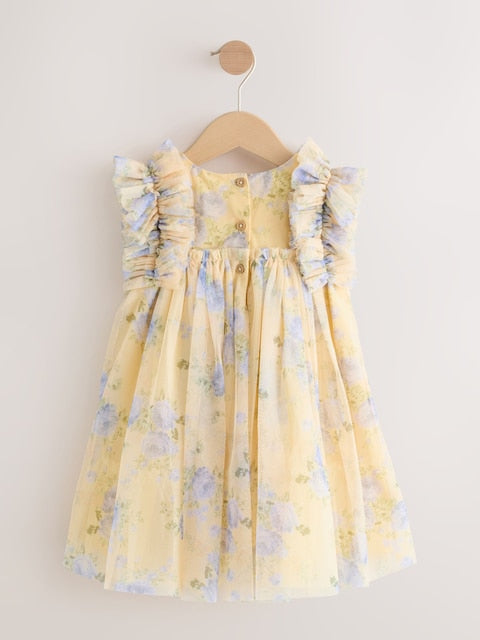 Yellow Ruffle Shoulder Mesh Dress (3mths-7yrs)
