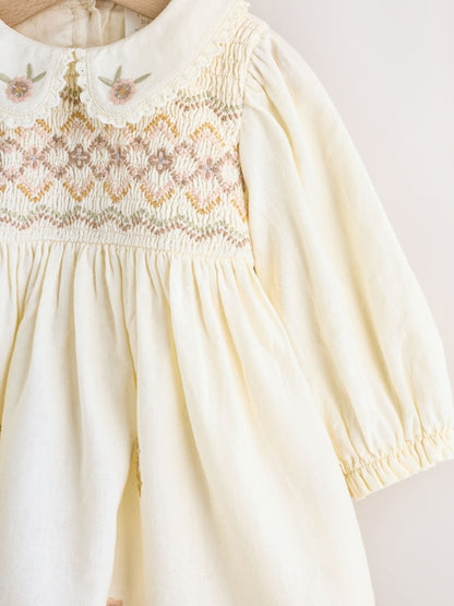 Cream Baby Embroidered Long Sleeve Dress and Knickers Set 2 Piece (0mths-2yrs)