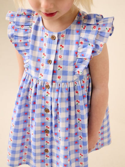 Blue Check Double Ruffle Sleeve Dress (3mths-8yrs)