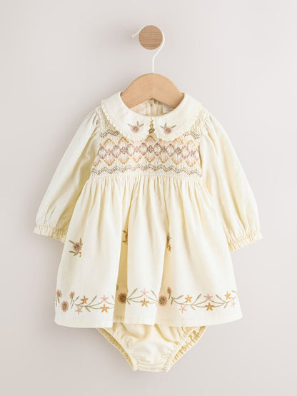Cream Baby Embroidered Long Sleeve Dress and Knickers Set 2 Piece (0mths-2yrs)