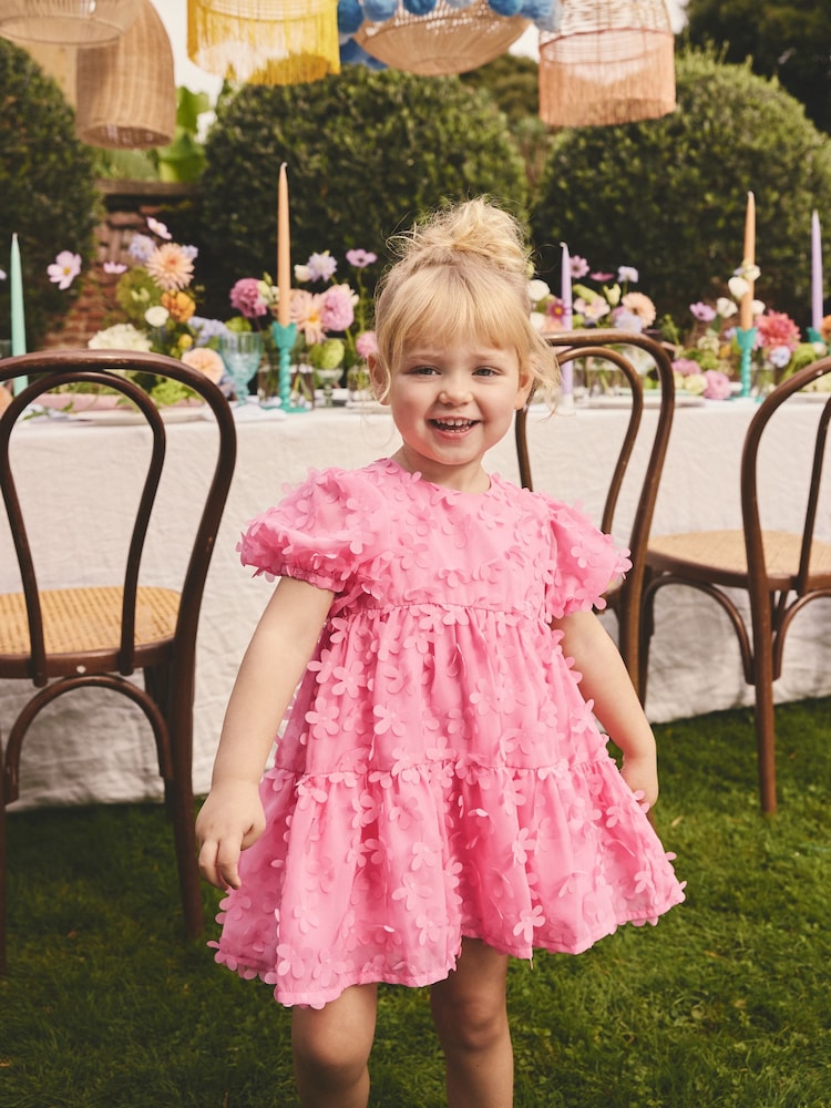 Bright Pink Short Sleeve 3D Flowers Dress (3mths-8yrs)