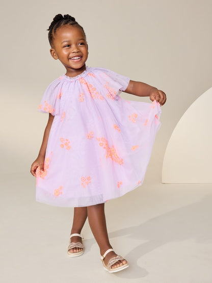 Lilac Fluro Angel Sleeve Mesh Dress (3mths-7yrs)