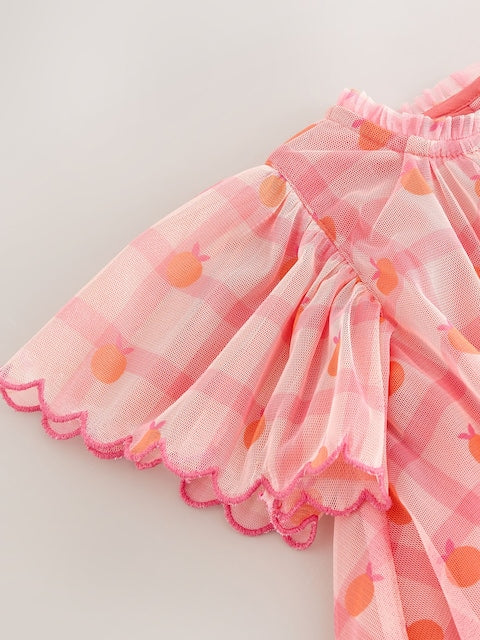 Coral Check Angel Sleeve Mesh Dress (3mths-7yrs)