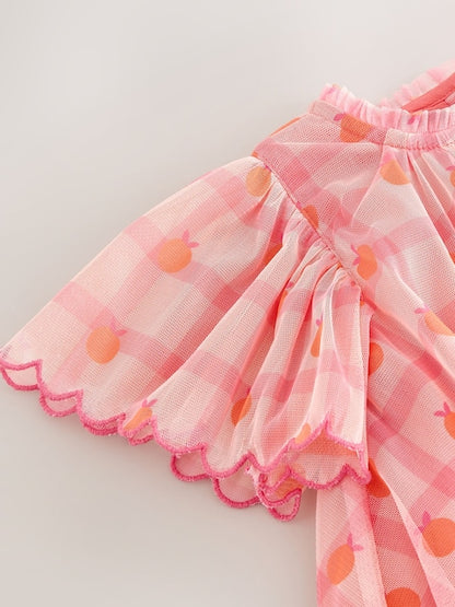 Coral Check Angel Sleeve Mesh Dress (3mths-7yrs)