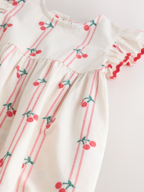 Red/Ecru Cherry Ric Rac Frill Sleeve Dress (3mths-8yrs)