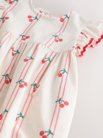 Red/Ecru Cherry Ric Rac Frill Sleeve Dress (3mths-8yrs)