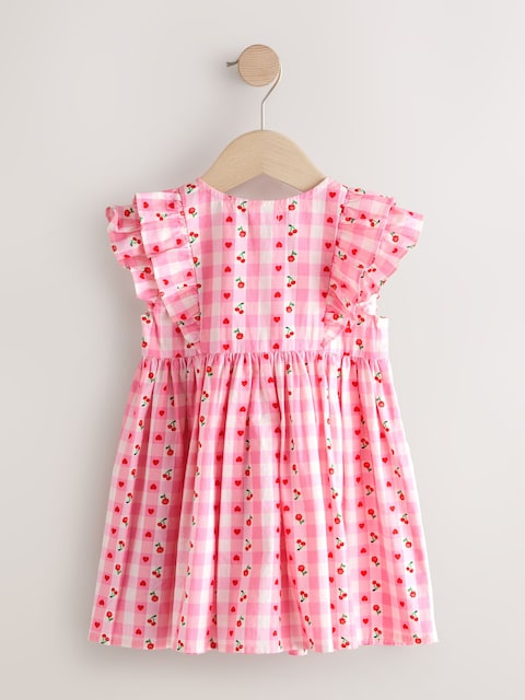 Pink Gingham Cherry Double Ruffle Sleeve Dress (3mths-8yrs)