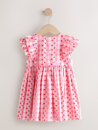 Pink Gingham Cherry Double Ruffle Sleeve Dress (3mths-8yrs)