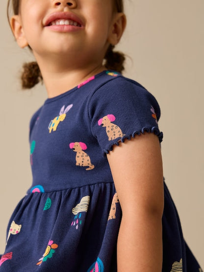 Navy Pets Short Sleeve Ribbed Dress (3mths-7yrs)
