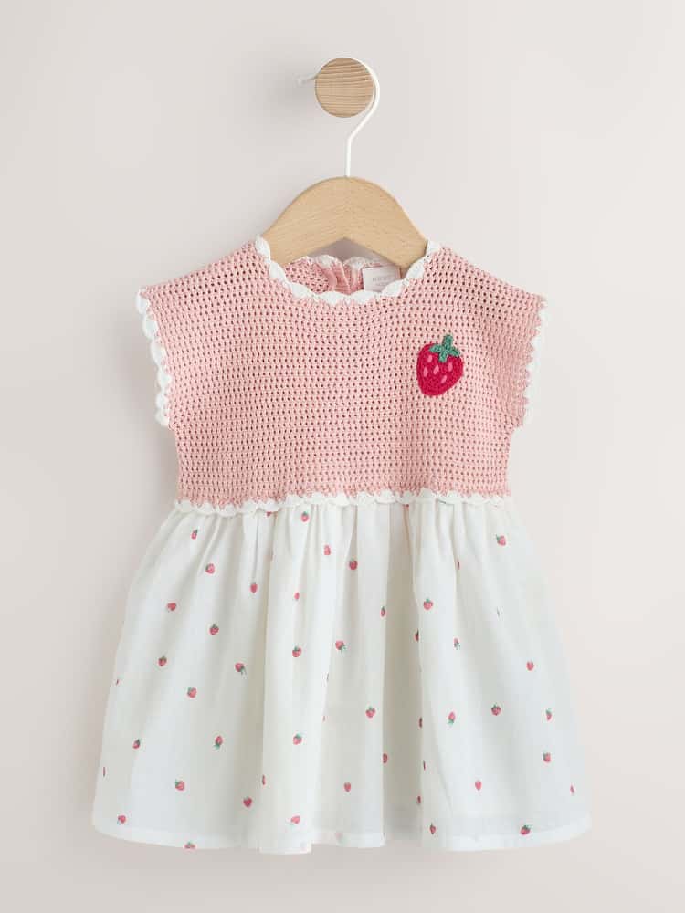Pink Strawberry Crochet Baby Knitted Twofer Dress (0mths-2yrs)