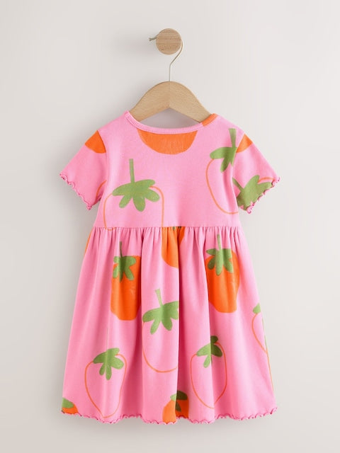Pink Strawberry Short Sleeve Ribbed Dress (3mths-7yrs)